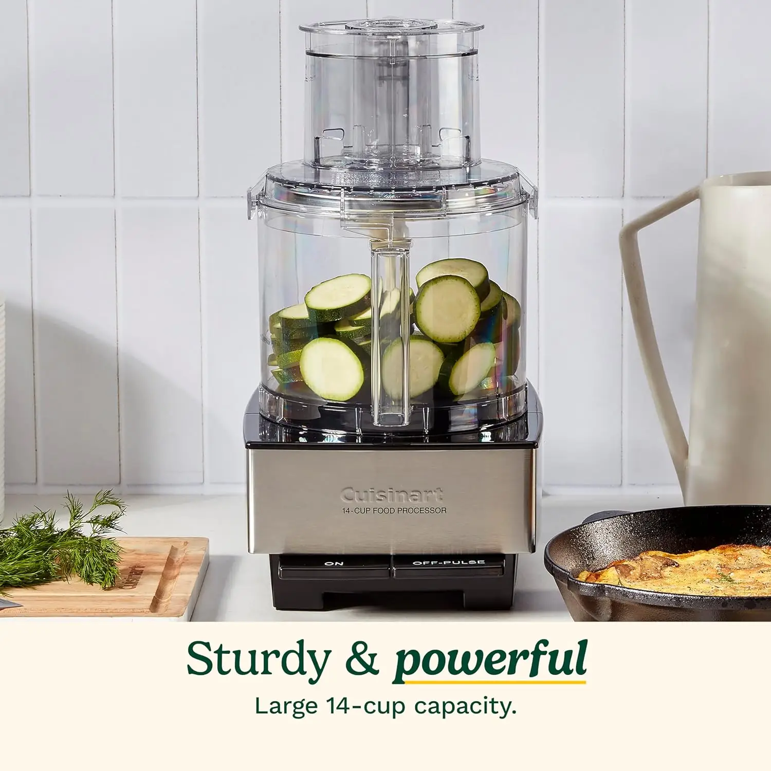 SUPERIOR FUNCTION: Cuisinart’s 720-watt motor for our 14-cup large-capacity food processor can handle almost anything. Make any kind of dip, puree soup or sauce including hummus, salsa, guacamole - the possibilities are endless MUST HAVE FEATURES: The 14 cup food processor has an “on” and “off/pulse” buttons with a Lexan bowl, extra large feed tube with small and large pusher bowl sleeve assembly. Also a detachable disc stem for easy use and clean up. Cord length is 36-inches INCLUDED: Stainless steel standard slicing disc (4mm), medium shredding disc and stainless steel chopping/mixing blade. Also includes a spatula, instruction manual and recipe booklet with dishwasher-safe parts NOTE TO CONSUMER: Shredding and slicing blades are not adjustable. Please refer to the manual before set up FULL 5-YEAR WARRANTY: On motor with LIMITED 3-YEAR WARRANTY: Refer to user manual for troubleshooting steps and questions surrounding warranty policies – this product is BPA free